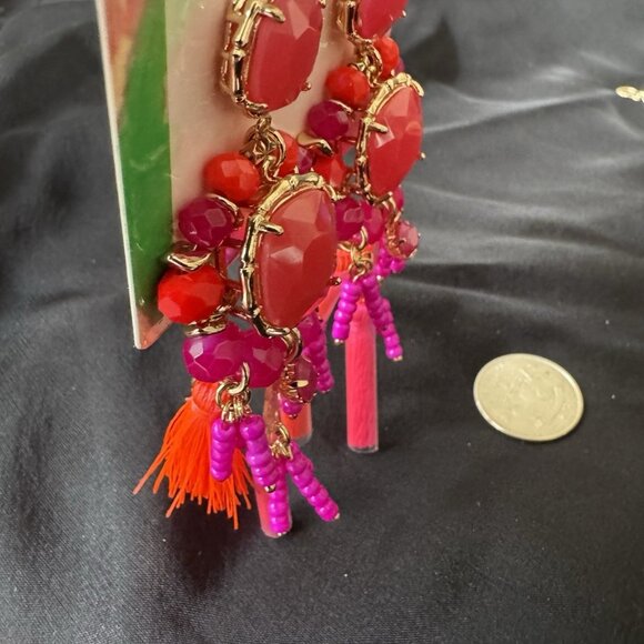 Lilly Pulitzer Goldtone Red Pink Bead Tassel Statement Necklace Earring SET NEW - Picture 7 of 14